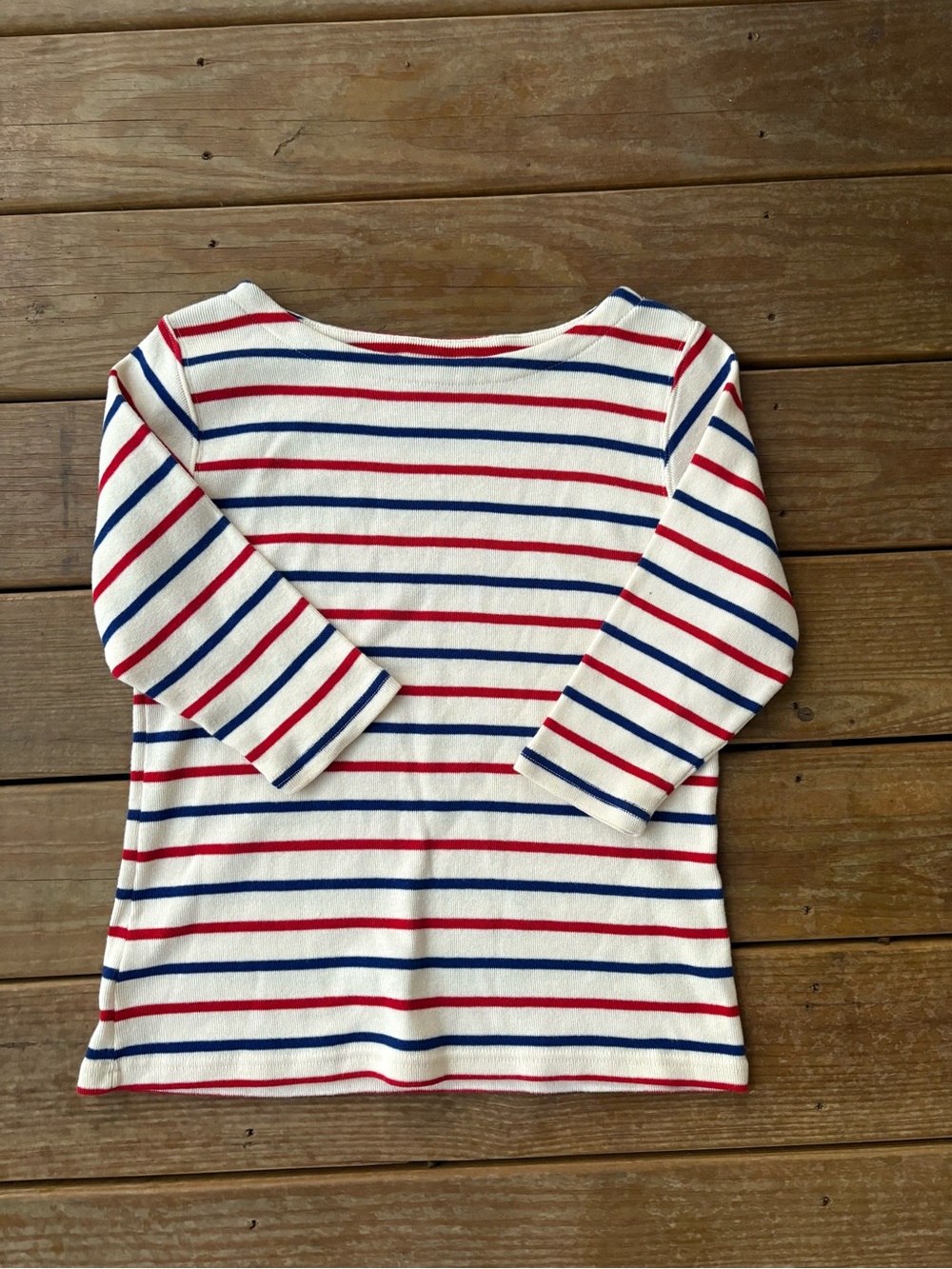 L.L. Bean Women’s Boat Neck 3/4 Tee in White, Red & Blue